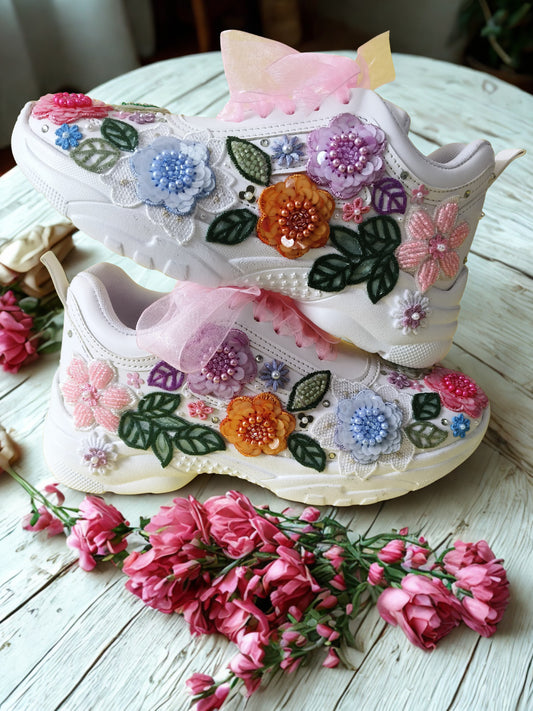 FUNKY N TRENDY “Pastel Garden Handcrafted Sneakers – Floral Magic” with customized wedding date / name initials