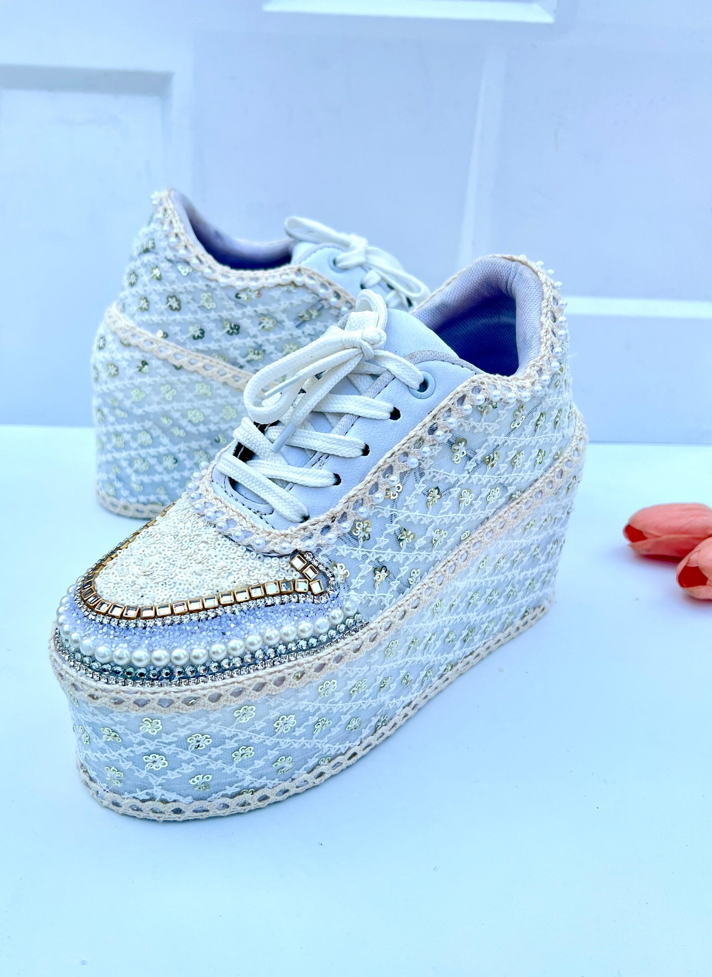 Handcrafted Bridal Sneakers for Brides – Wedding Shoes | Funky N Trendy | Ivory wedges | ivory sneakers