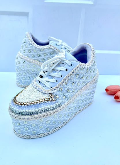 Handcrafted Bridal Sneakers for Brides – Wedding Shoes | Funky N Trendy | Ivory wedges | ivory sneakers