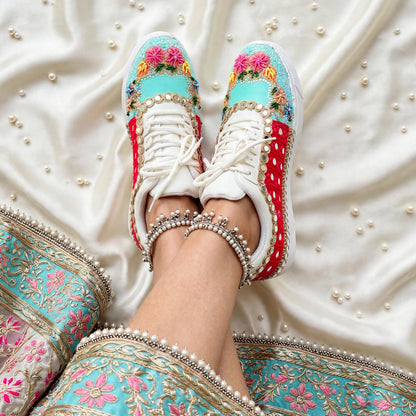 Funky N Trendy hand crafted powder blue theme bridal sneakers/ bridesmaid sneaker / powder blue sneakers/ pink floral theme sneakers / blue pink shoes / floral sneakers