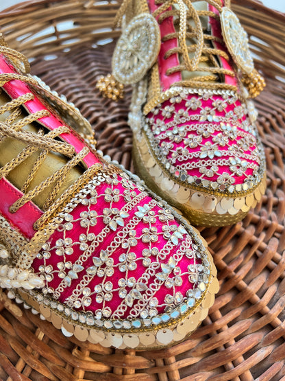 FUNKY N TRENDY hot pink sneakers with rhinestone detailing for brides /bridesmaids / sneakers for bridesmaids/ handcrafted sneakers/ sequine sneakers / bridal sneakers / bridesmaid sneakers/ pink sneakers / gold shoes/ rani pink sneakers