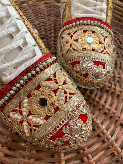 FUNKY N TRENDY red and gold sneakers for brides /bridesmaids / sneakers for bridesmaids/ handcrafted sneakers/ gold sneakers / bridal sneakers / bridesmaid sneakers/ gold sneakers / red shoes