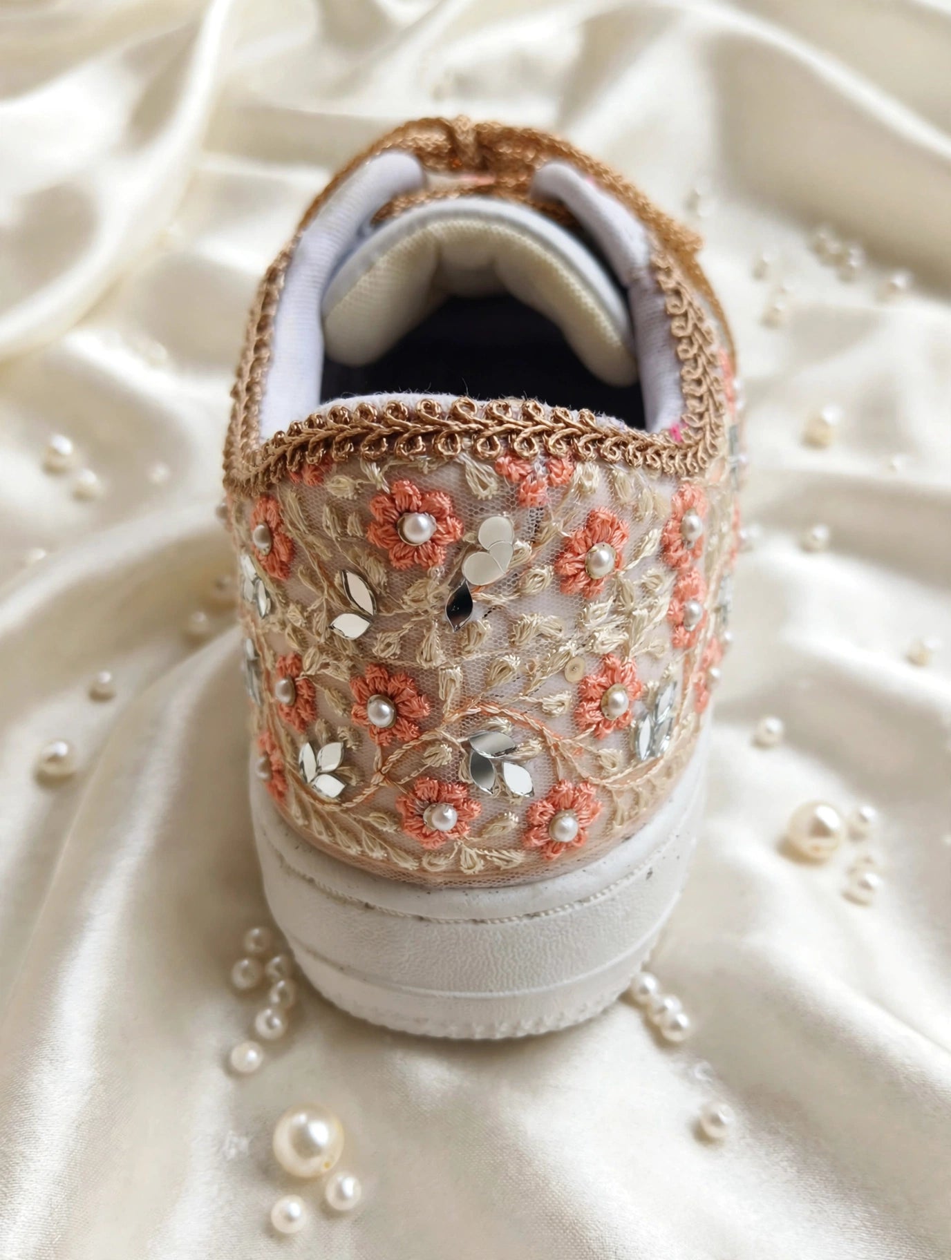 Blossom Bride Bridal Sneakers — Peach Floral Embroidered Sneakers with Pearl & Crystal Trim