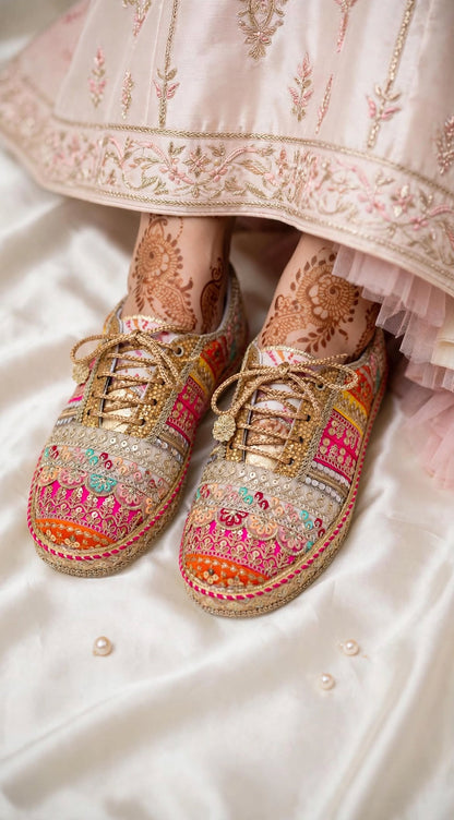 Handcrafted Mirror Work Bridal Sneakers | Indian Wedding Sneakers with Gota Patti Embroidery