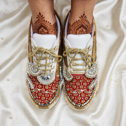 Red & Gold Sequin Bridal Sneakers | Pearl Embellished Wedding Sneakers