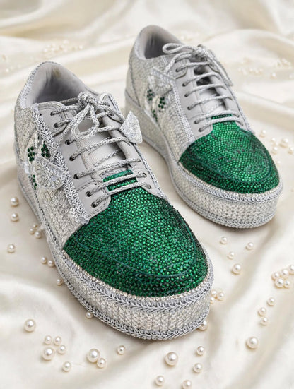 Silver Green Rhinestone Magic - Bridal Platform Sneakers | Silver Wedge Sneakers for Engagement or Sangeet