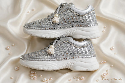 FUNKY N TRENDY Silver mirror hand work sneakers for brides / bridesmaids/ silver sneakers / silver mirror sneakers / silver shoes/ mirrror shoes