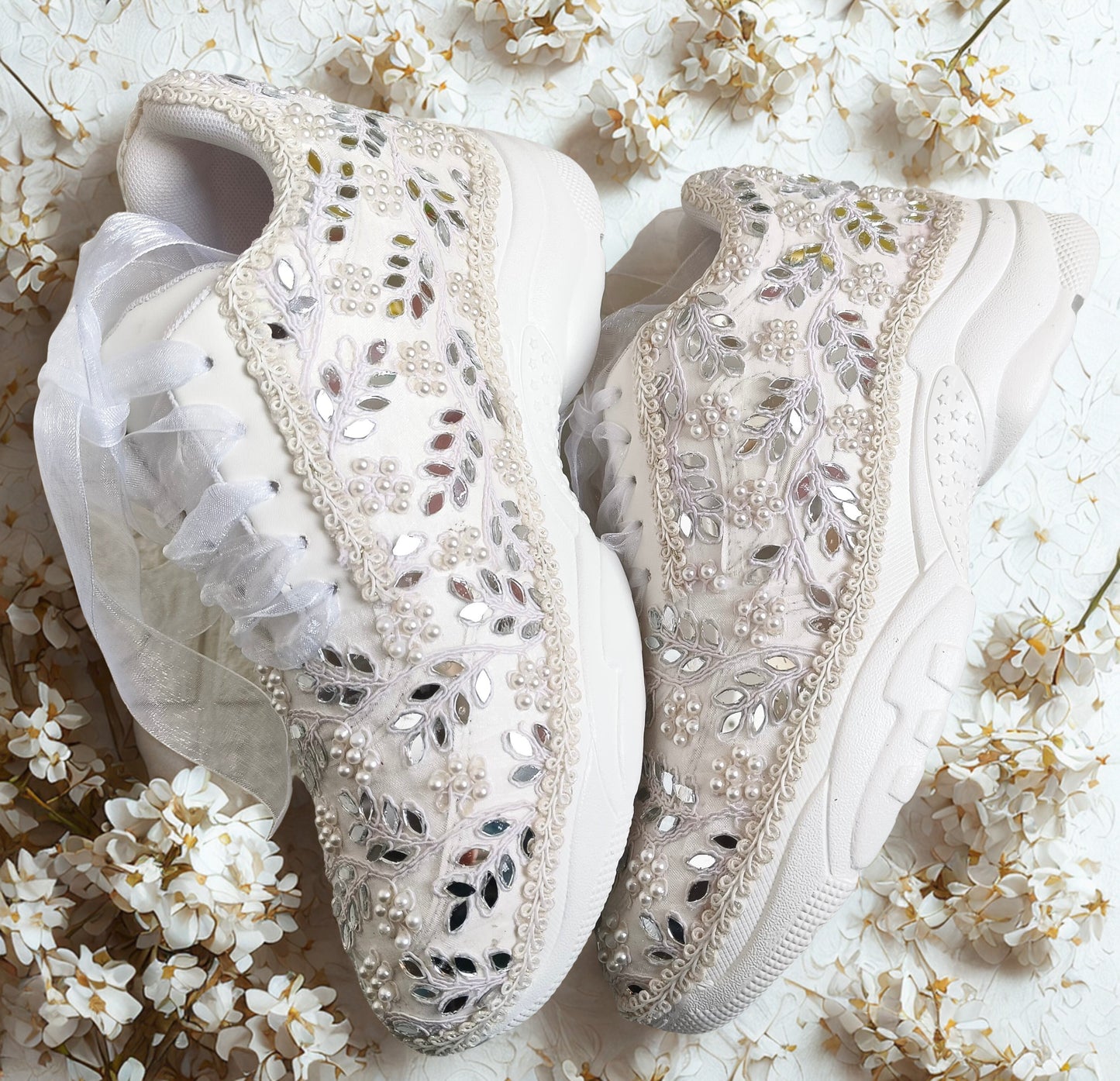 Funky N Trendy white pearl hand work sneakers / bridal sneakers/ sneaker for bride / white sneakers/ pearl sneakers for bride/ bridesmaid sneakers / pearls sneakers / mirror sneakers / white shoes
