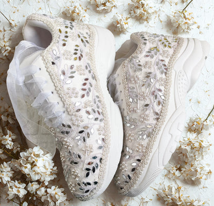 Funky N Trendy white pearl hand work sneakers / bridal sneakers/ sneaker for bride / white sneakers/ pearl sneakers for bride/ bridesmaid sneakers / pearls sneakers / mirror sneakers / white shoes