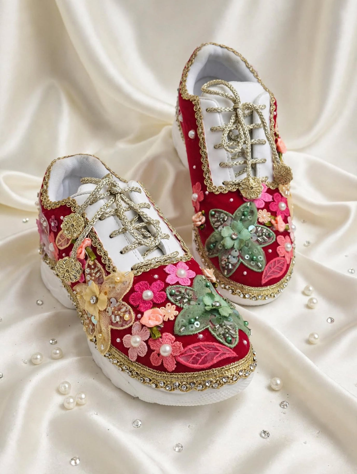 Laal Ishq - Red Bridal Sneakers with Multicolor Floral Embroidery & Pearls