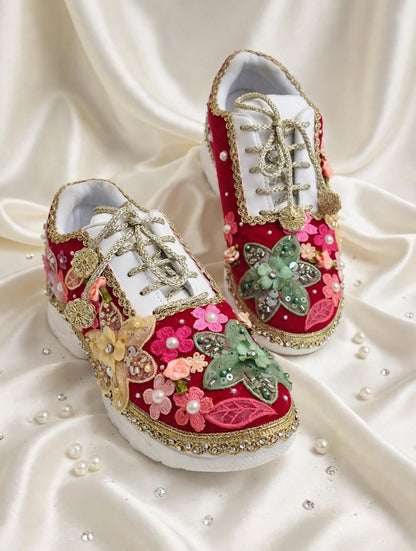 Laal Ishq - Red Bridal Sneakers with Multicolor Floral Embroidery & Pearls