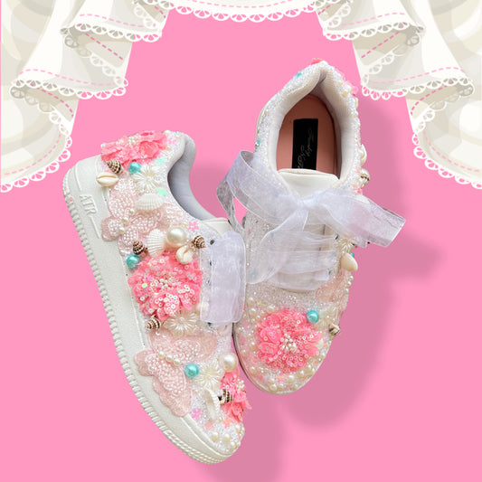 FUNKY N TRENDY floral theme hand work sneakers for brides / bridesmaids/ shells sneakers / pearls sneakers / blue and pink shoes / pink and blue sneakers/ butterfly and floral sneakers