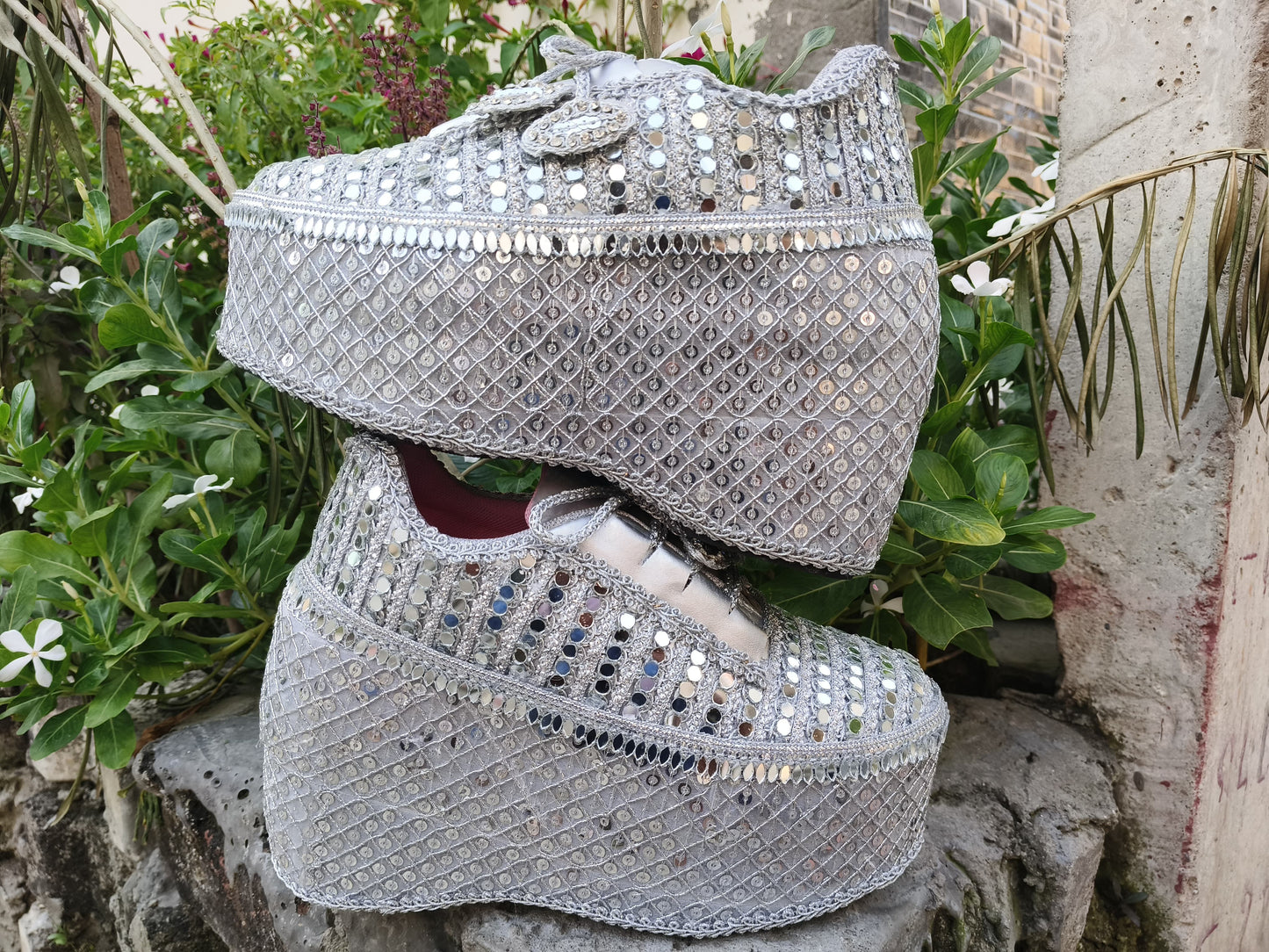 FUNKY N TRENDY Silver Mirror work sneakers - wedge sneakers heeled sneakers/ silver sneakers