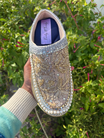 Funky N Trendy hand crafted golden bridal sneakers bridesmaid sneakers/ mom shoes / half shoes  / golden sneakers / embroidered half shoes