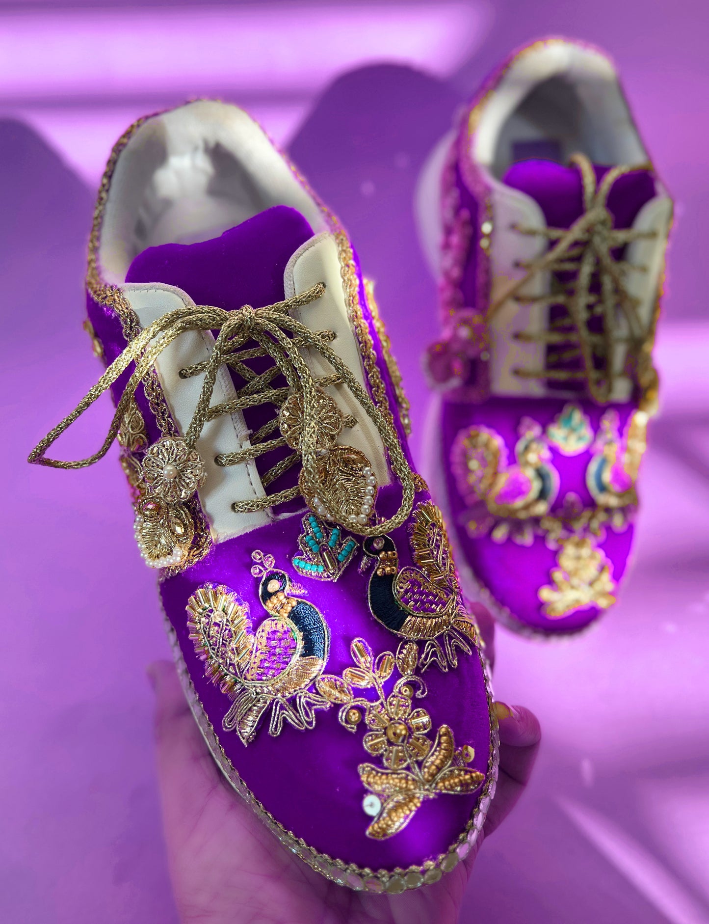 Funky N Trendy Purple
“Peacock Heritage Bridal Sneakers – Embroidered Magic”
