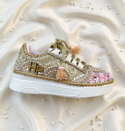 FUNKY N TRENDY baby pink and gold sneakers for brides / bridesmaids/ pink sneakers / baby pink sneakers / bridal sneakers / bridesmaid sneakers/ golden hand work sneakers/ pink shoes with custom name initials