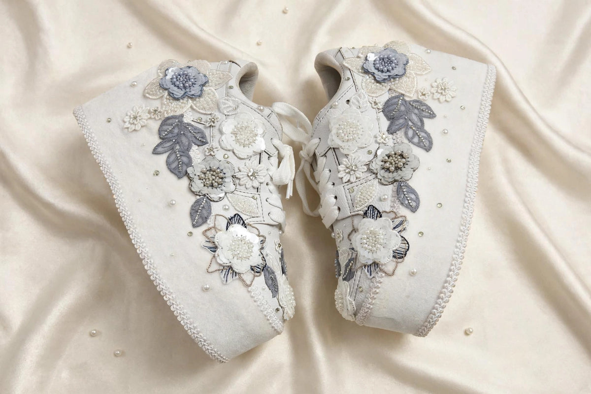 Customized White and Gray garden Bridal Sneakers with Name initials / wedding date– Wedding Shoes for Bride/ white sneakers