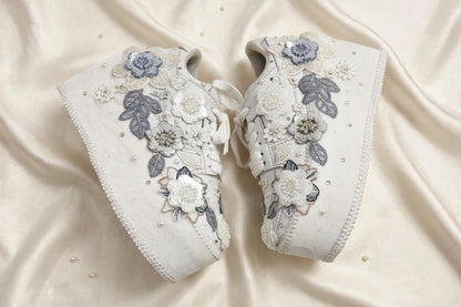 Customized White and Gray garden Bridal Sneakers with Name initials / wedding date– Wedding Shoes for Bride/ white sneakers
