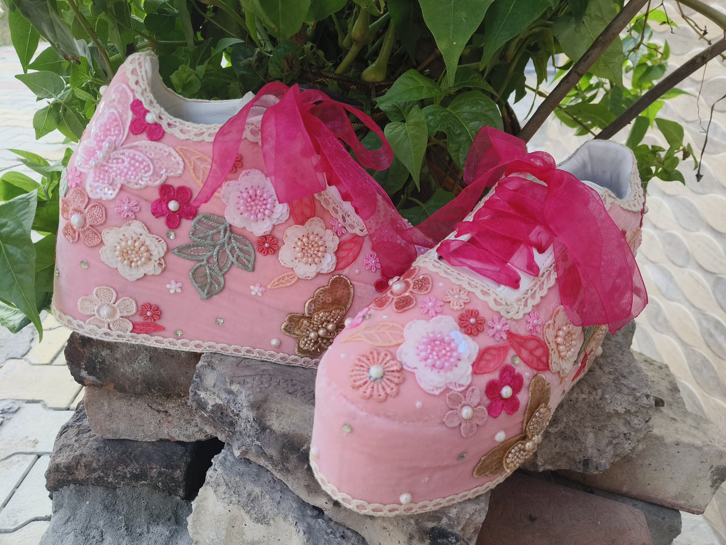 FUNKY N TRENDY Hand embroidered floral theme sneakers - wedge sneakers heeled sneakers/pink sneakers