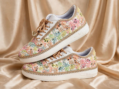 “Rainbow Bridal Sneakers with Mirror detailing– Floral Embroidery”