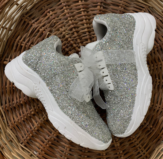FUNKY N TRENDY silver glitter heeled sneakers with pearl detailing for brides /bridesmaids / sneakers for bridesmaids/ handcrafted sneakers/ glitter sneakers / bridal sneakers / bridesmaid sneakers/ silver sneakers / silver shoes