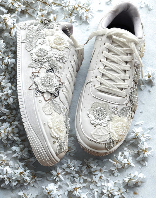 Funky N Trendy white gray
“Floral garden Bridal Sneakers/ bridesmaid sneakers – Embroidered Magic”