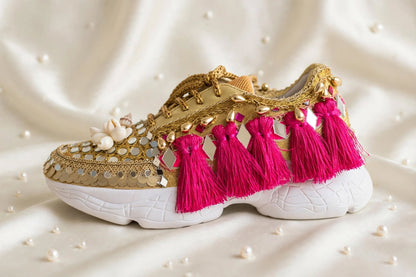 FUNKY N TRENDY megenta rani and gold sneakers for brides /bridesmaids / hot pink sneakers for bridesmaids/ handcrafted sneakers/ mirror sneakers / bridal sneakers / bridesmaid sneakers/ gold sneakers / megenta sneakers/ rani sneakers