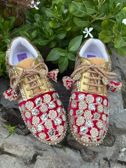 Funky N Trendy handcrafted hand embroidered mirror work bridal sneakers/ bridesmaid sneaker / Rani sneakers /Magenta sneakers/ mirror shoes / women shoes