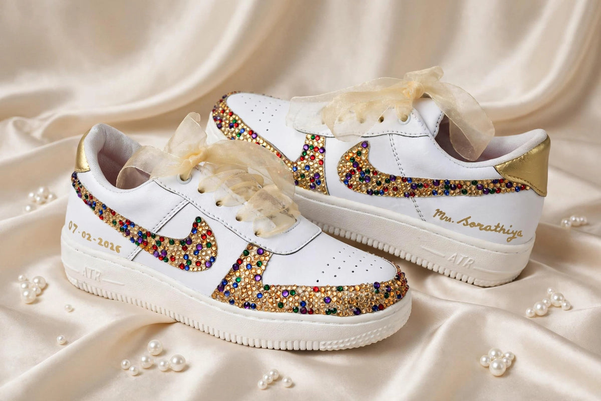 FUNKY N TRENDY multi colored rhinestone bridal sneakers / bridesmaid sneakers/ gold sneakers / gold shoes/stone sneakers studded shoes/ bride shoes/ white shoes