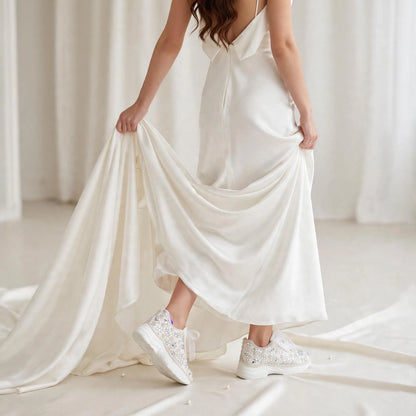 Funky N Trendy white pearl hand work sneakers / bridal sneakers/ sneaker for bride / white sneakers/ pearl sneakers for bride/ bridesmaid sneakers / pearls sneakers / mirror sneakers / white shoes