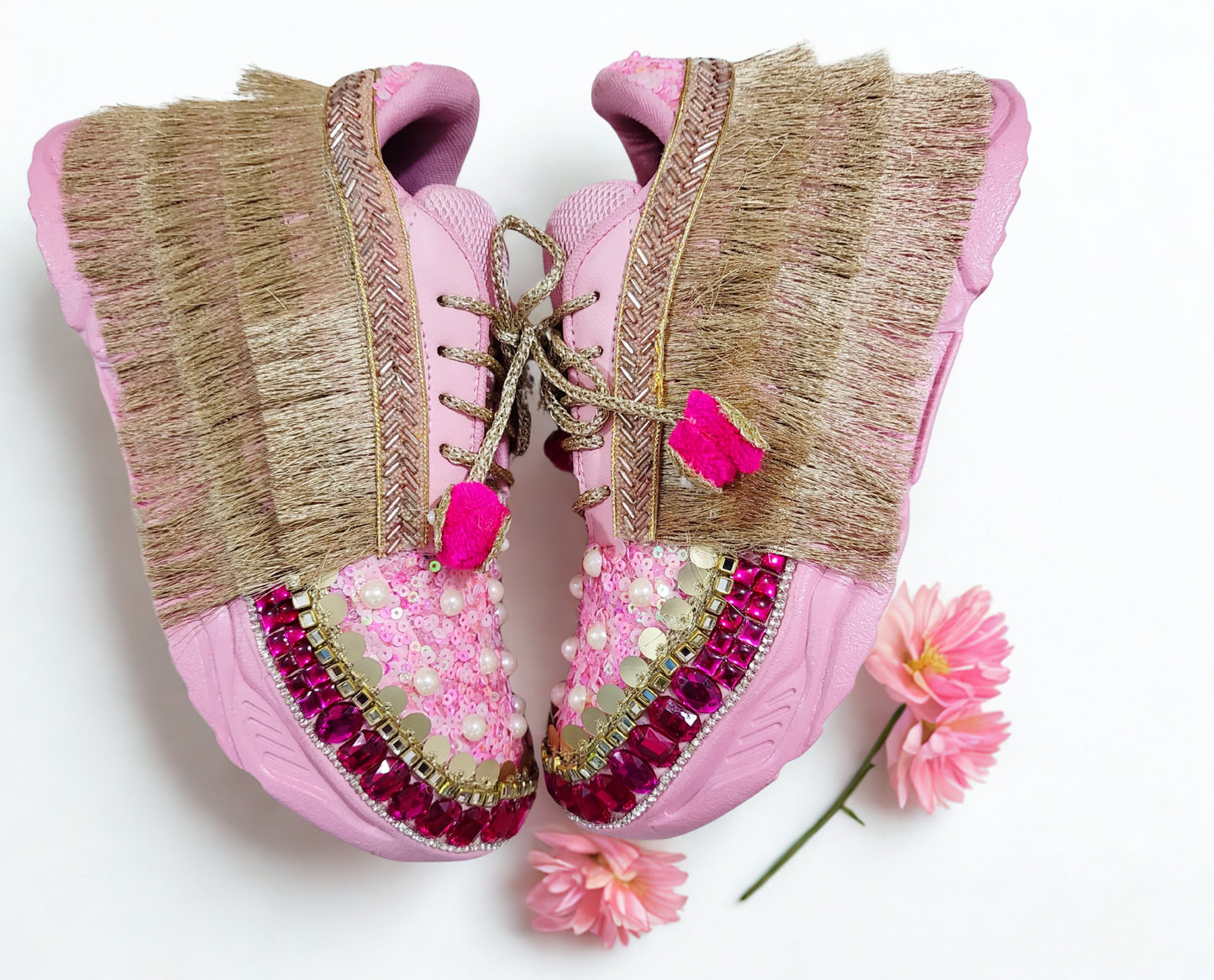 Funky N Trendy Hot pink sequine work with stone detailing bridal sneakers/ bridesmaid sneaker / golden sneakers/ hot pink sneakers / pink shoes for bride/ rani pink sneakers