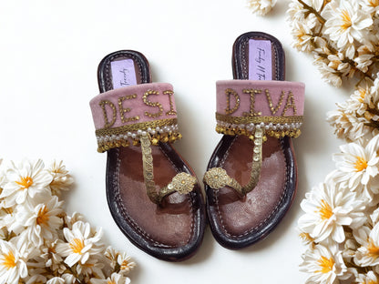 FUNKY N TRENDY hand crafted wedding theme pink kolhapuri for bride / handcrafted flats / quirky flats/ Desi Diva kolhpauri / customised flats / pink flats / haldi theme kolhapuri