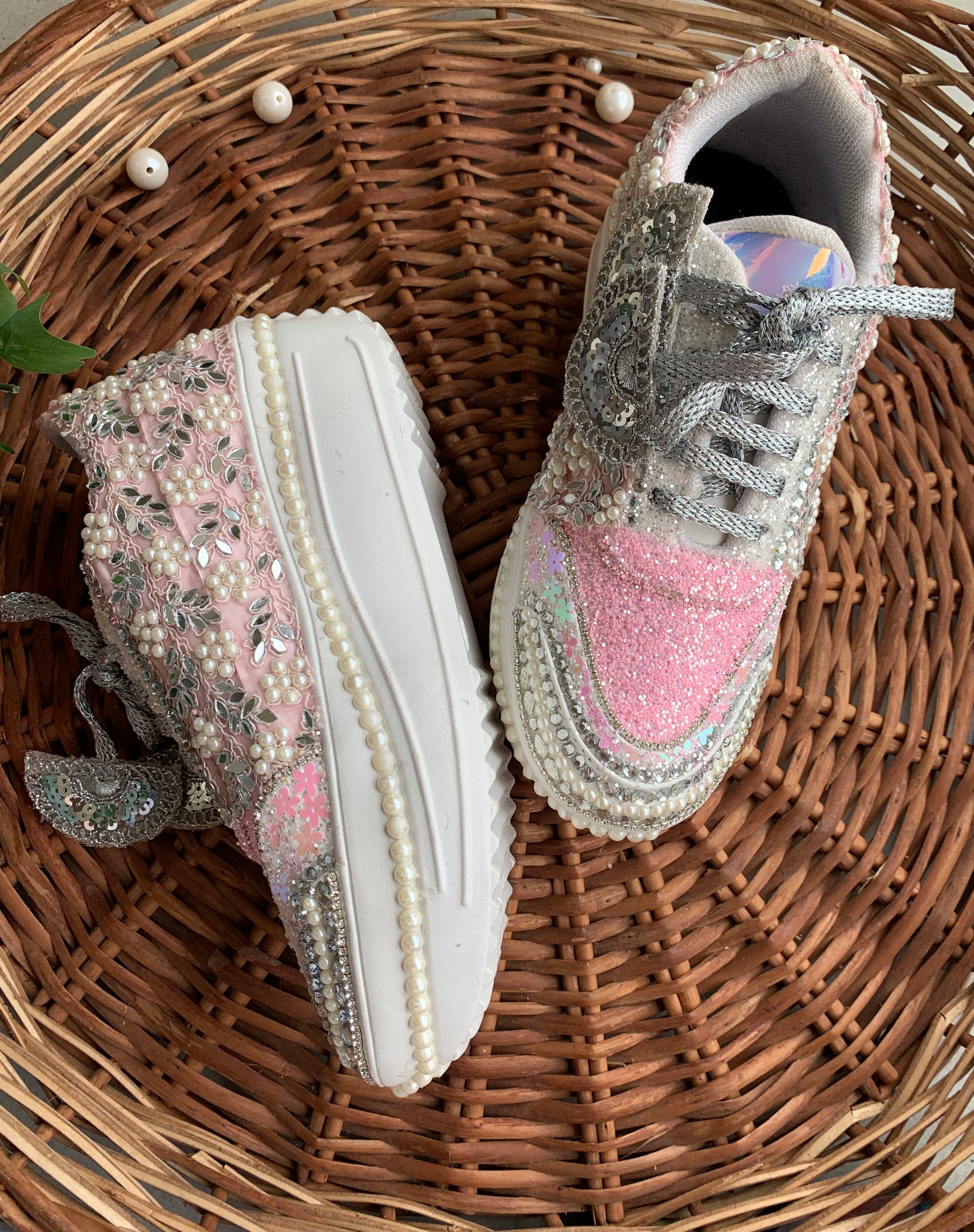 FUNKY N TRENDY floral theme hand work sneakers for brides bridesmaids/ pink sneakers mirror sneakers pink shoes pink and silver sneakers