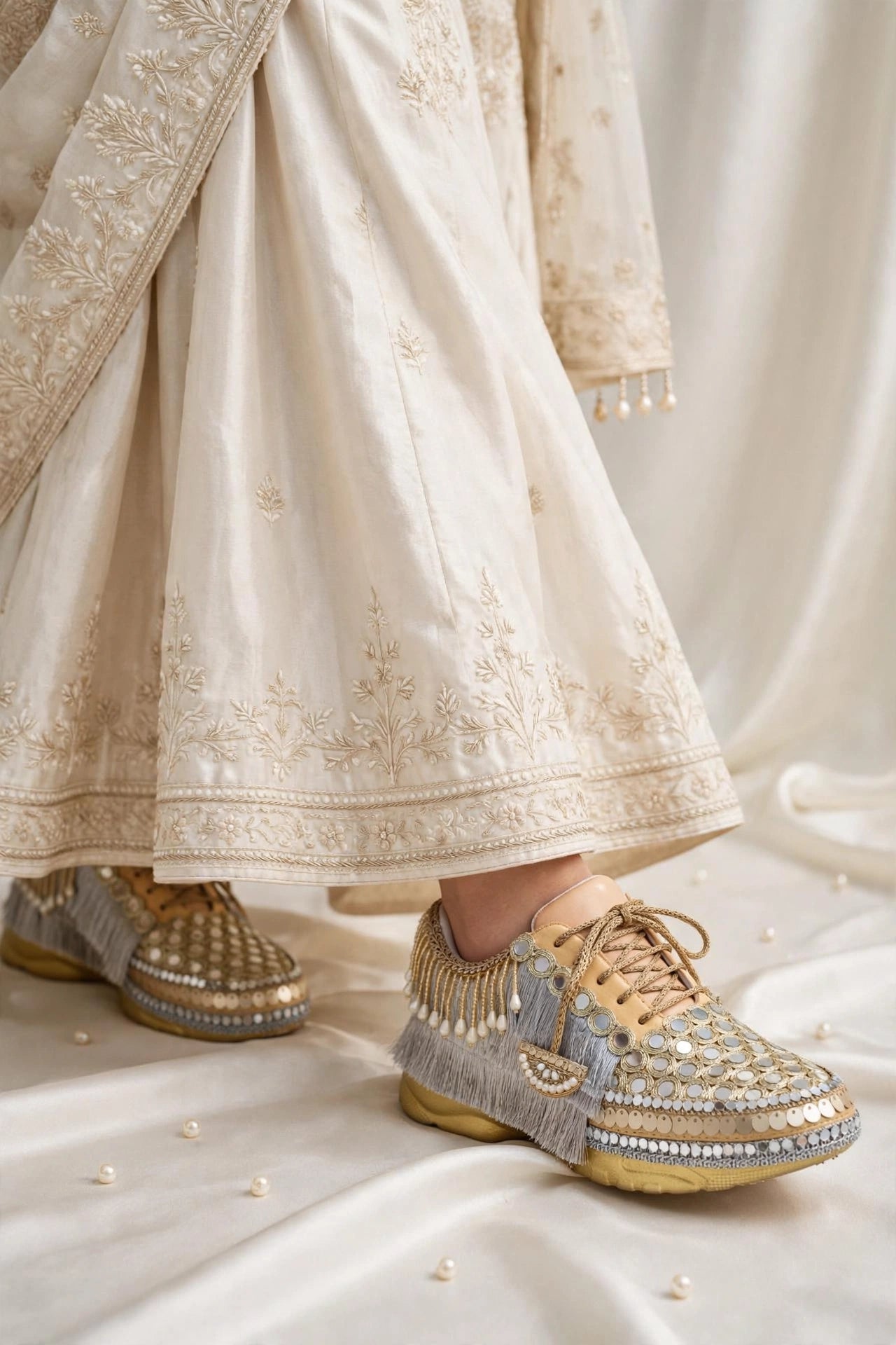 FUNKY N TRENDY dual theme gold silver sneakers for brides / silver sneakers for bridesmaids/ handcrafted sneakers/ golden sneakers / bridal sneakers / bridesmaid sneakers/ golden hand work sneakers
