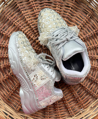 FUNKY N TRENDY hand work bridal sneakers / bridesmaid sneakers/ silver sneakers / silver shoes/mirror sneakers mirror shoes/ bride shoes