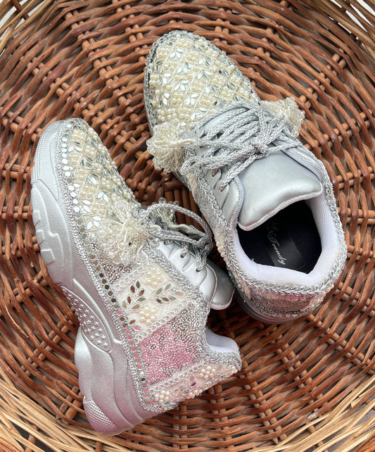 FUNKY N TRENDY hand work bridal sneakers / bridesmaid sneakers/ silver sneakers / silver shoes/mirror sneakers mirror shoes/ bride shoes