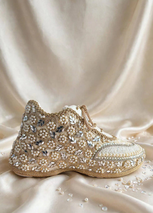 Mirror leaves Pearl blossom Dull gold/ beige Bridal Sneakers – Floral Embroidery” / gold sneakers /ivory sneakers/peach sneakers