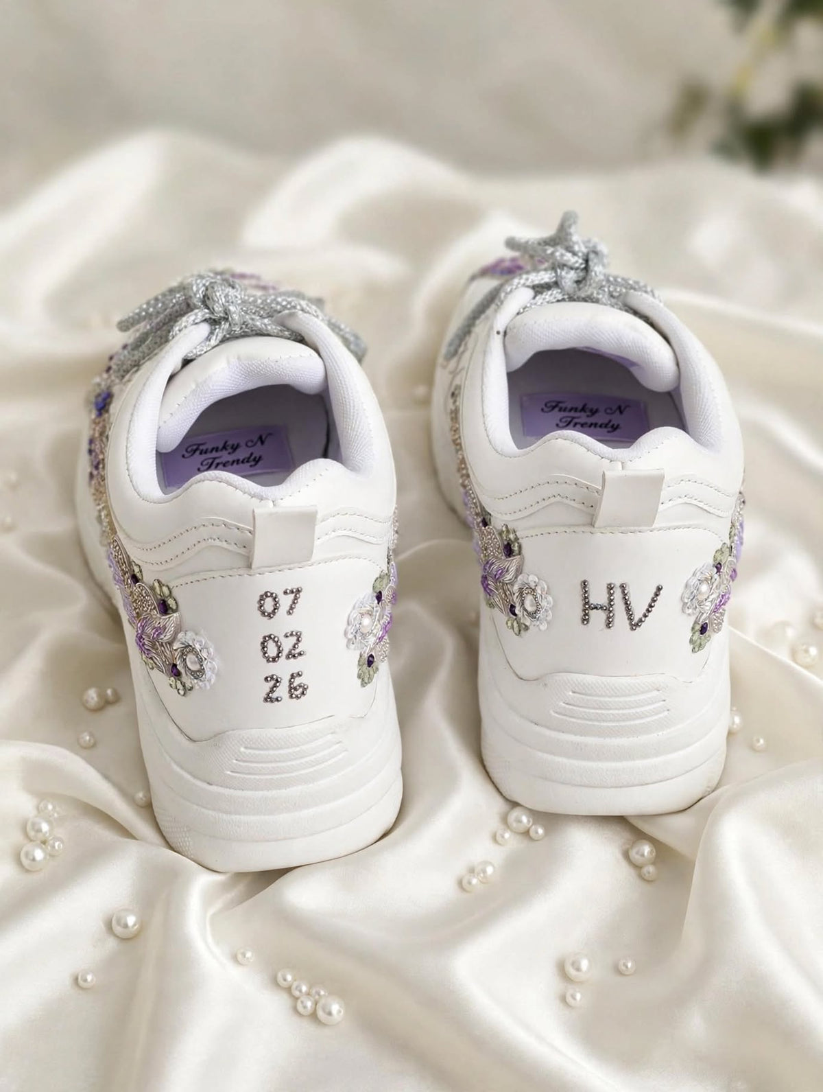 Funky N Trendy embroidery work bridal sneakers/ bridesmaid sneaker / silver sneakers/ purple shoes /name and wedding date customization