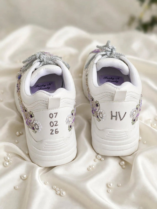 Funky N Trendy embroidery work bridal sneakers/ bridesmaid sneaker / silver sneakers/ purple shoes /name and wedding date customization