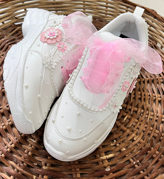 Funky N Trendy white pearl work sneakers with pink floral detailing / bridal sneakers/ sneaker for bride / white sneakers/ pearl sneakers for bride
