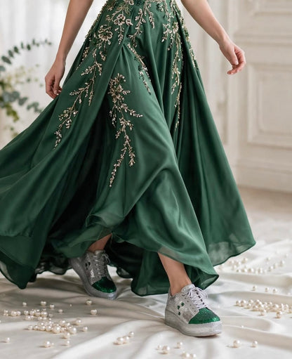 Silver Green Rhinestone Magic - Bridal Platform Sneakers | Silver Wedge Sneakers for Engagement or Sangeet