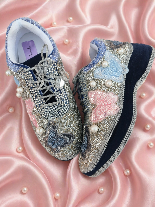 Butterfly Pearl Bridal Sneakers for Bride | Handcrafted Wedding Shoes India | blue sneakers