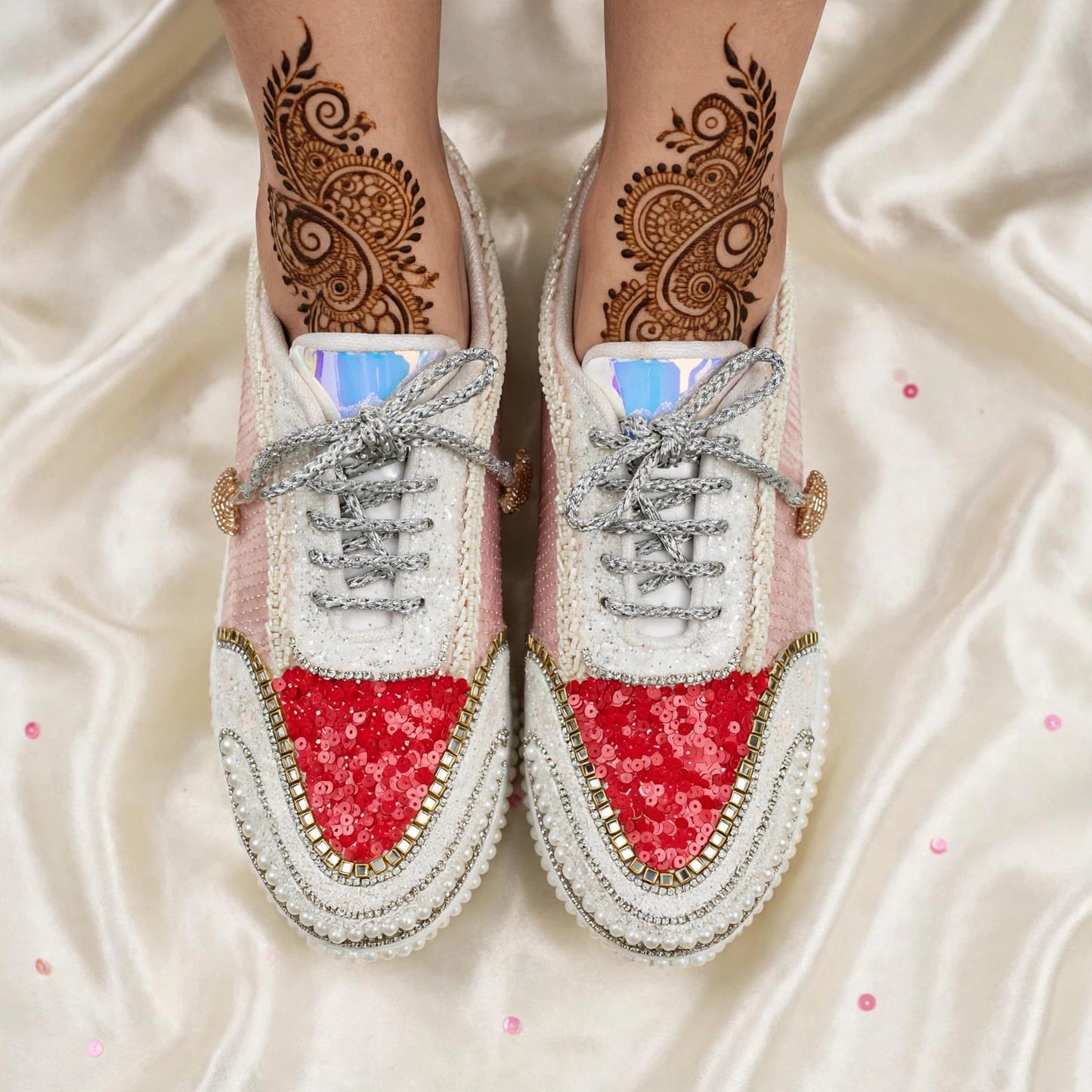 FUNKY N TRENDY red and pink theme hand work sneakers for brides / bridesmaids/ pink sneakers / ree sneakers / red and pink shoes / pink and red sneakers