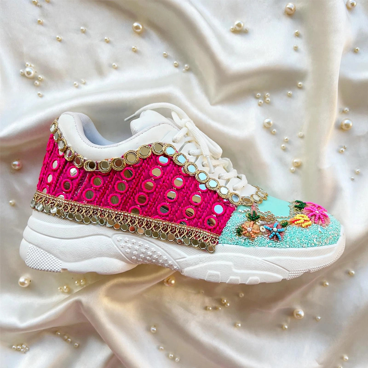 Funky N Trendy hand crafted powder blue theme bridal sneakers/ bridesmaid sneaker / powder blue sneakers/ pink floral theme sneakers / blue pink shoes / floral sneakers