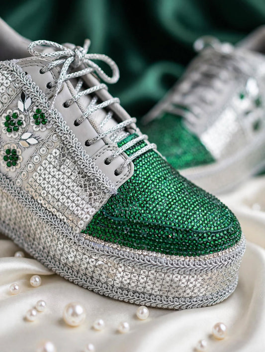 Silver Green Rhinestone Magic - Bridal Platform Sneakers | Silver Wedge Sneakers for Engagement or Sangeet
