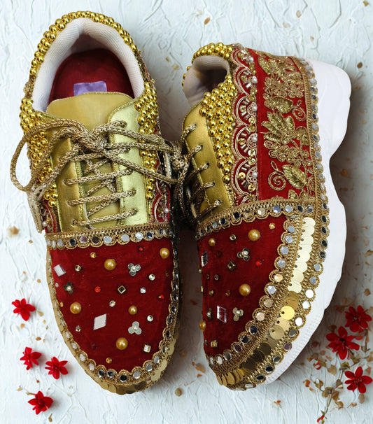 FUNKY N TRENDY red and gold bridal sneakers / bridesmaid sneakers/ golden sneakers / gold sneakers / red shoes / red bridal sneakers / embroidered shoes / embroidered sneakers