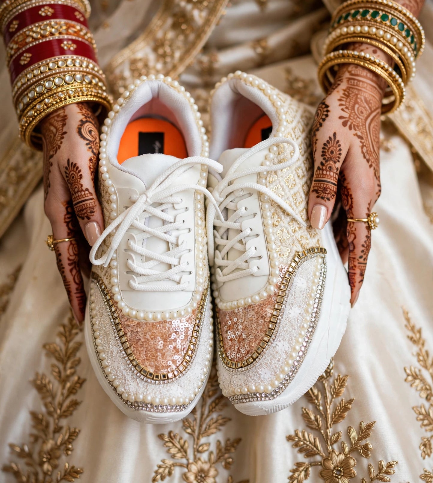 FUNKY N TRENDY ivory and tan peach sneakers with pearl detailing for brides / bridesmaids/ ivory sneakers / beige sneakers / tan peach shoes/ rose gold sneakers / rose gold shoes