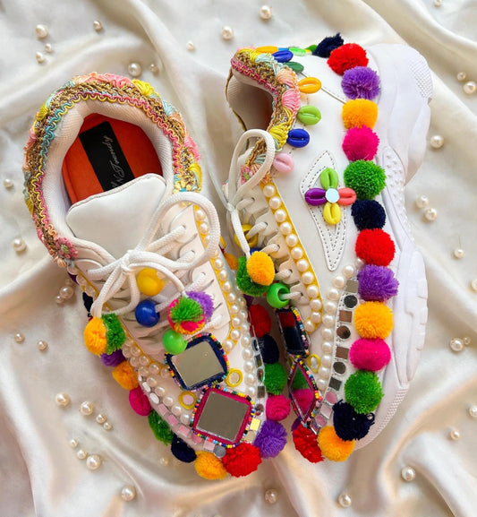 Funky N Trendy hand crafted yellow and multi colored  hand work bridal sneakers/ bridesmaid sneaker / yellow sneakers/ yellow shoes for haldi ceremony/ pom pom shoes/ garba shoes / Gujarati shoes