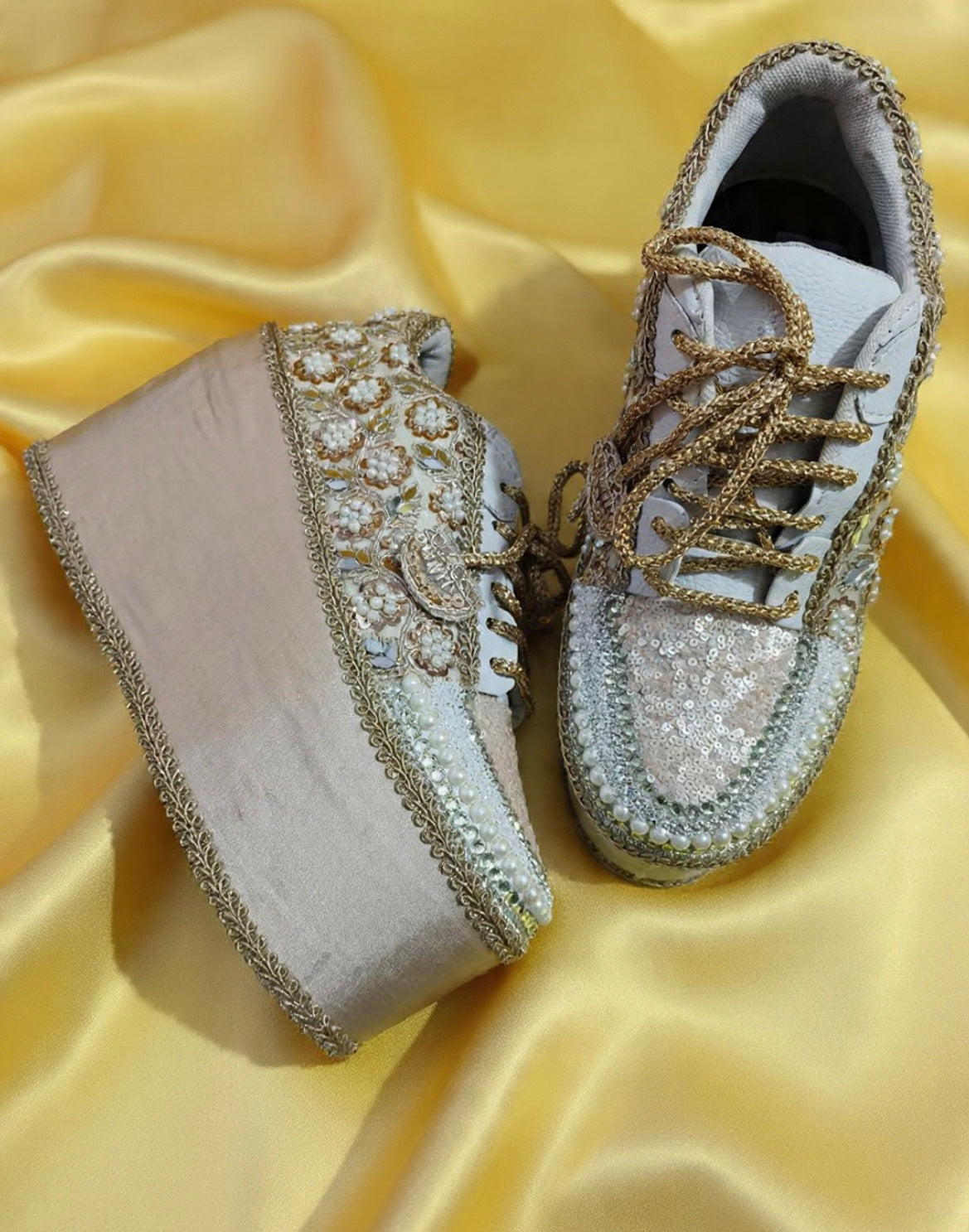 FUNKY N TRENDY Rose Gold Mirror sequine work sneakers - wedge sneakers heeled sneakers/ Rose gold sneakers