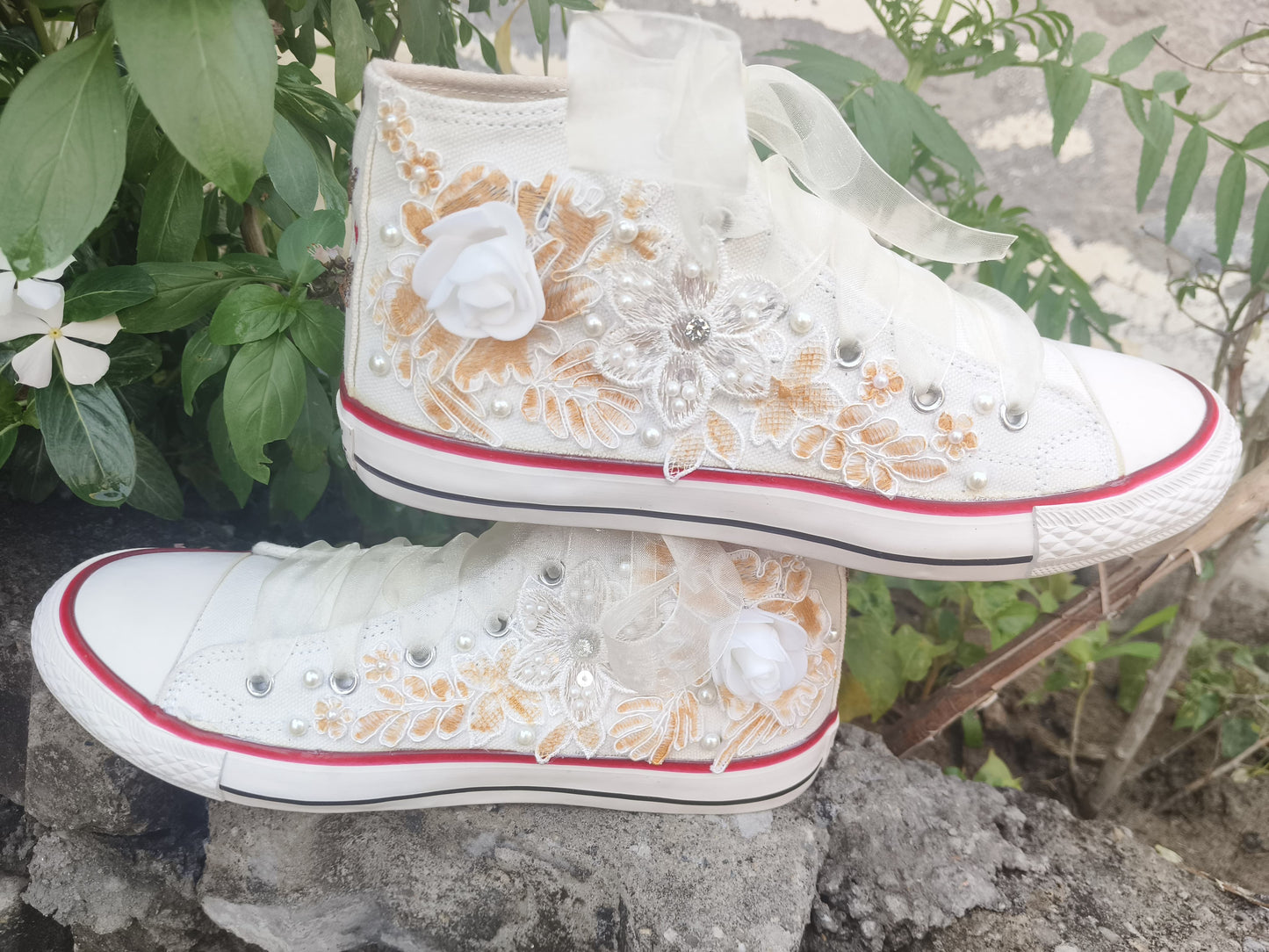 Customized Bridal Sneakers with Name initials / wedding date– Wedding Shoes for Bride/ white floral sneakers